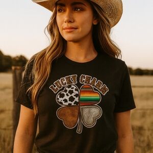 Lucky Charm Clover Tee – Western Serape Cow Print Graphic T-Shirt